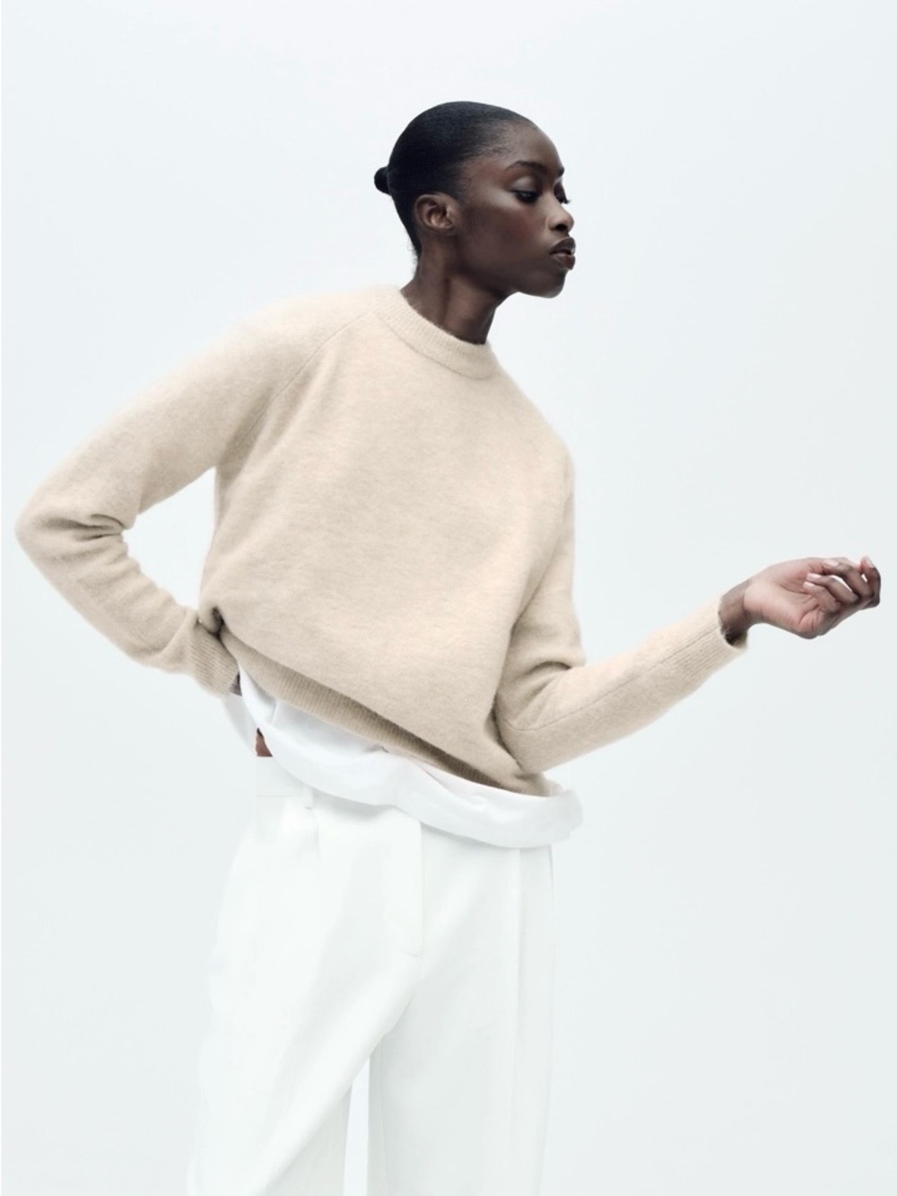 Zara Wool Alpaca Sweater Round Neckline Long Sleeves Ecru Small